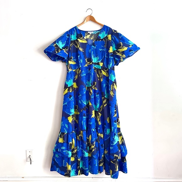 Christopher John Rogers Target Blue Floral Puff Sleeve Tiered Dress Plus 24 26 - Picture 2 of 15